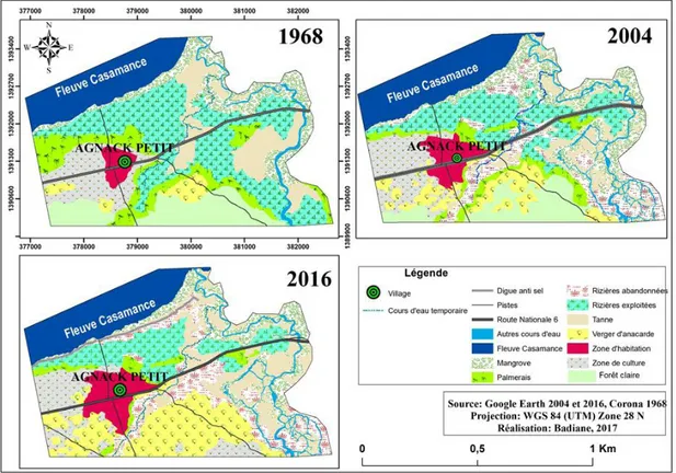 Figure 3 : Carte d’occupation des sols du terroir villageois d'Agnack-Petit de 1968, 2004 et  2016 