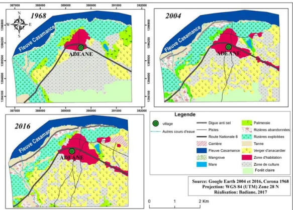 Figure 2: Carte d’occupation des sols du terroir d'Adéane de 1968, 2004 et 2016 