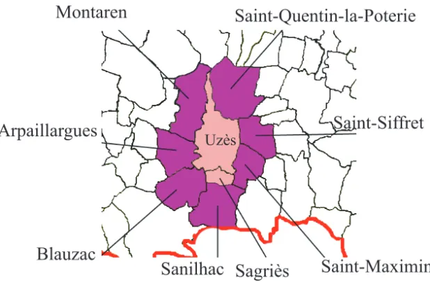 Fig. 9 . — Le territoire d’Uzès et sa première auréole de territoires ruraux