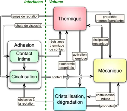 Fig. 1. Les phénomènes physiques dans la mise en forme de composites organiques et leurs couplages.