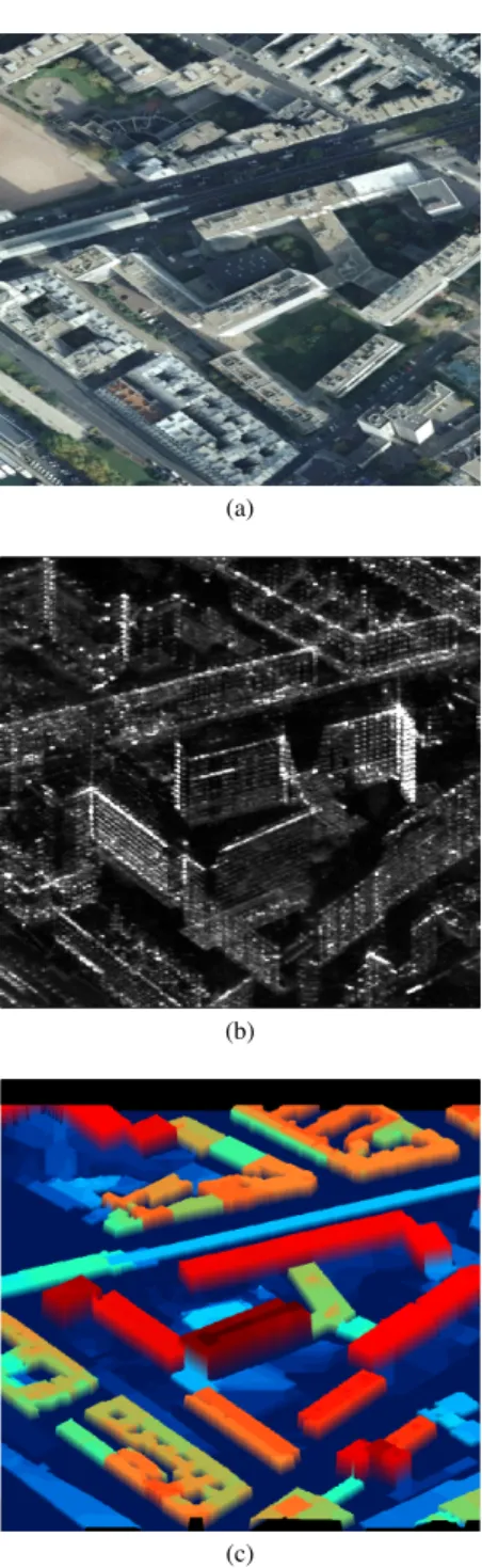 Fig. 6. Observed urban areas : optical image (a), temporal mean of the corresponding SAR image (b), and the 3-D model from IGN and Google Earth used as a ground truth