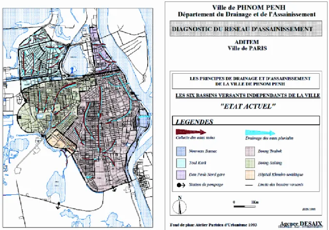 Fig. 2 ― Plan des six bassins versants du centre de Phnom Penh  Source : G. Stetten, 1996