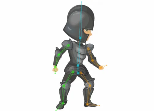 Figure 2.4: A skeleton is rigged to a 2D character being animated. Image from Mar- Mar-ionette Studio &#34;Skeletal Animation&#34; web page (http://marionettestudio.