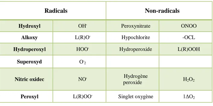Tableau 02 : Principales espèces oxydantes (Mercan, 2010). 