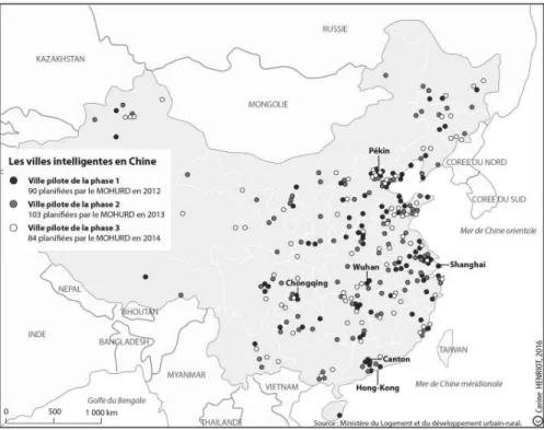 Fig. 1 : Les sites pilotes chinois de villes intelligentes planifiées par le MOHURD