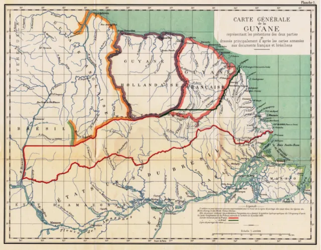 Figure 2 : « Carte Générale de la Guyane représentant les prétentions des  deux parties dressée principalement d'après les cartes annexées aux  documents français et brésiliens » (1900) Sentence du Conseil fédéral, 