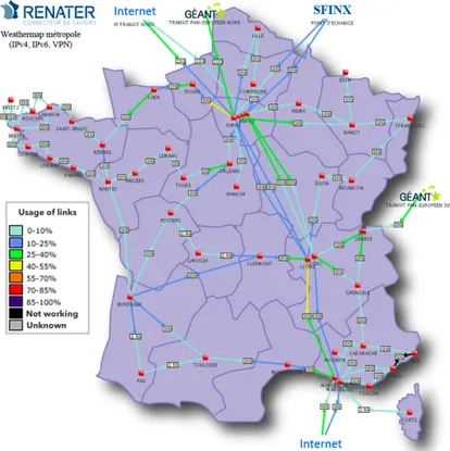 Fig. 1 The RENATER Weather Map on May 2013, the 27th, around 4PM. Each red square corre- corre-sponds to a particular point of presence (PoP) of the network