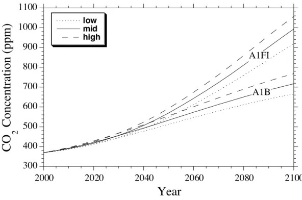 Figure 2. CO 2  concentrations for various global warming scenarios 