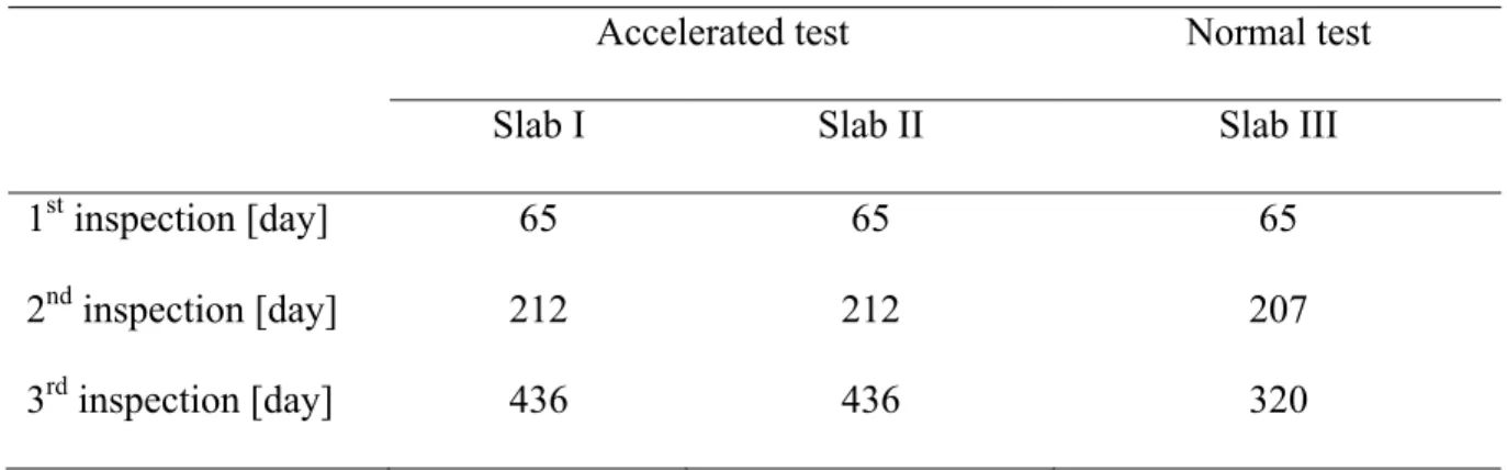 Table 8 Times (in days) to take cores from slabs since the beginning of the exposure 