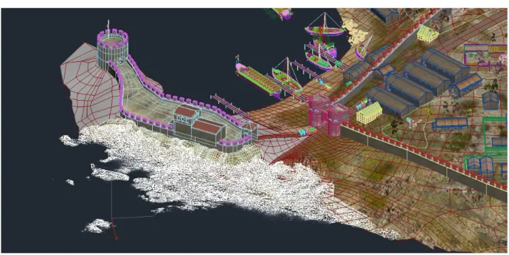 Figure 16: Mesh resulting from the laser scanning survey of the seashore archaeological features (white object) included in the 3D  model of the city
