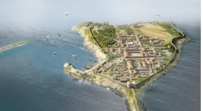 Figure 17: Reconstitution of the Ancient city and port of Alet,  after the break of the alluvial cordon during the 4 th  century AD 