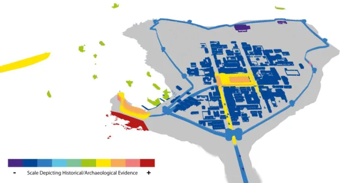 Figure 20: Ranking of the reconstitution. This rendering shows the city as colour coded according to the grade of  historical/archaeological evidence on Alet city