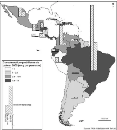 Figure 2 – Consommations quotidienne (en 2005) et totale (2002-2003) de café par pays en Amérique latine et production totale de café vert en 2002-2003.