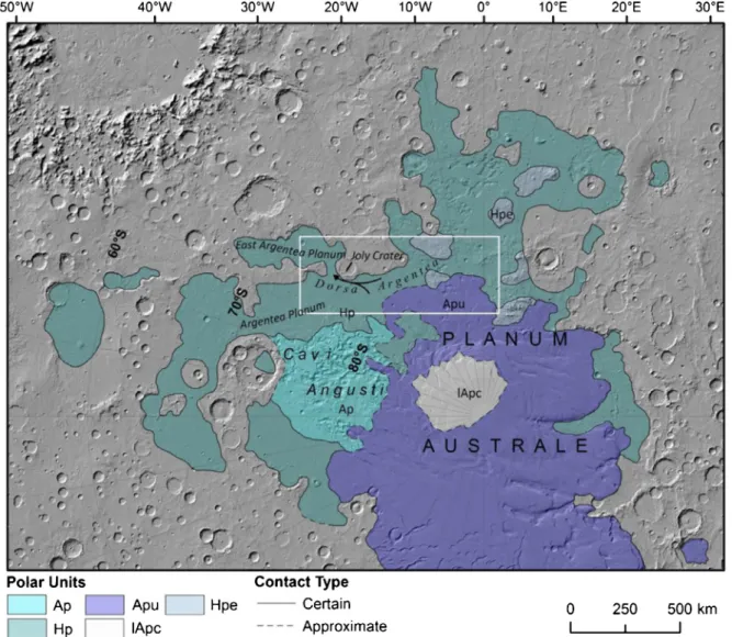 Fig.  1. Map  of  the  south  polar  region  of  Mars showing  the  major  surface  units  (  Tanaka  et al.,  2014a  )  with  relevant  features  labelled,  overlain  on a  hillshade  map  derived from  460  m/pixel  MOLA DEM