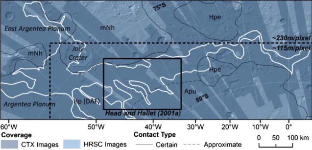 Fig. 3. Data coverage map of the study region  (extent  displayed in Fig.  1  ) overlain  on a  hillshade map derived  from  the ∼460  m/pixel  MOLA DEM