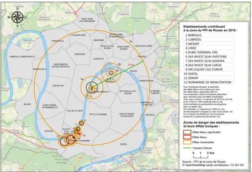 Figure 1 : Les zones de danger pour la vie humaine des entreprises concernées par des effets toxiques et intégrées au Plan Particulier d’Intervention (PPI) de la zone de Rouen
