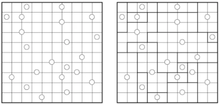 Fig. 1. Two screenshots of a single Spiral Galaxies scenario. Left: the field of squares U with the circular galaxy centers
