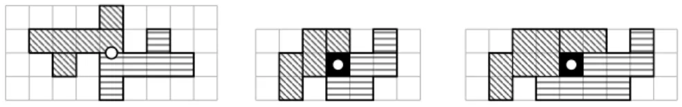 Fig. 3. Examples of some galaxies and the coloring as provided by the algorithm in the proof of Lemma 2 (herein, the red fields are hatched diagonally and the blue fields horizontally)