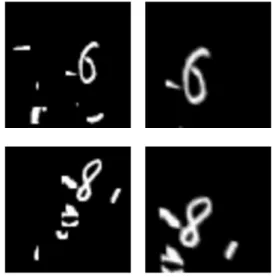 Figure 4.5 – Cluttered MNIST input images (left) and the same images processed by a Spatial Transformer as part of a STN1 system (right)