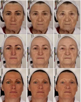 Fig. 13 Face aging results. Left: Rejuvenating of 20 years. Middle: Original. Right: Aging of 20 years