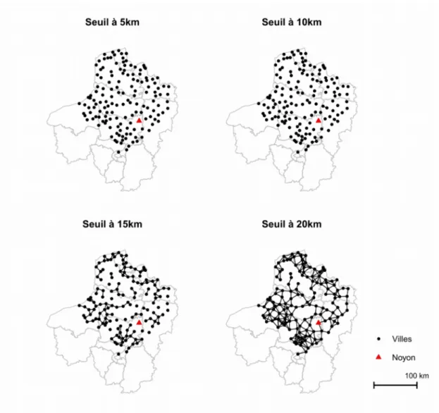 Figure 3 : Graphes de voisinage avec des seuils de distance euclidienne  selon le semis de villes de la carte d’état-major (1818-1836)