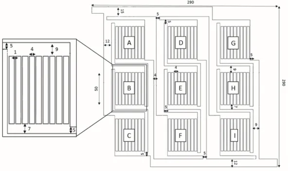 Figure 1. Geometry and dimensions of the multi-scale fluidic network [10, 3, 3] (unit: mm).