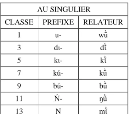 Tab. 8 Correspondances préfixes de classe/relateurs au singulier 