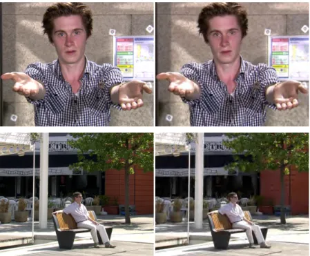 Figure 5. Still pictures used in experiment 2, Interview and Bench are shown in panels: (top) interview original versus compressed  (buttom) Bench original versus compressed 