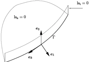 FIG. 1: Level set representation of a crack and definition of the local axis along the crack front.