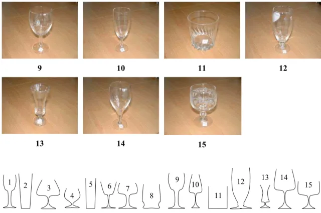 Fig. 1.  Pictures and shapes of the 15 glasses proposed for the study. 
