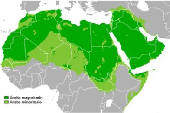 Figure 1 : Répartition géographique de la langue arabe   En vert foncé, arabe majoritaire ; en vert clair, arabe minoritaire 