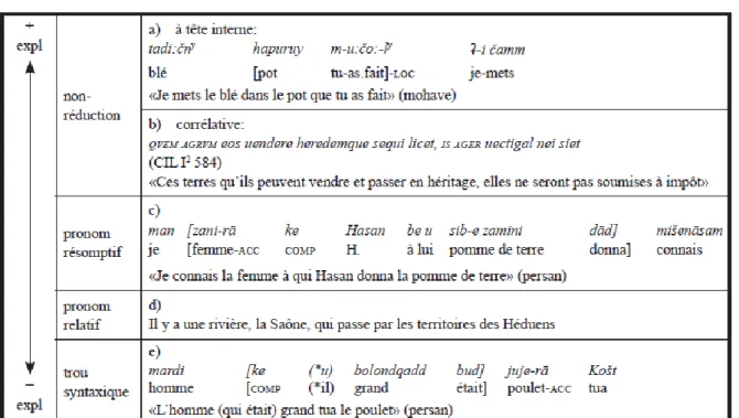 Tableau 3 : Stratégies de relativisation : du plus explicite au moins explicite   différents types de réalisation de la tête nominale 