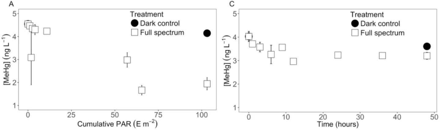 FIGURE S3.  Raw MeHg data for photodemethylation experiments conducted in BYL22  and Char Lake, presented in Figure 2