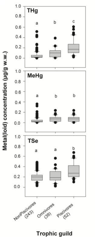 Figure 2.5. Box plots showing median values and 10th, 25th, 75th, and 90th percentiles  of metal concentrations (THg, MeHg and TSe ) in nonpiscivores fish (n = 243),  omnivores fish (n = 39) and piscivore fish (n=51)
