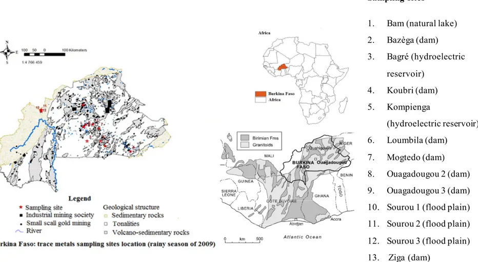 Figure 2.1: Map of study areas showing the location of Burkina Faso in Africa, distribution of mining sites and of sample stations,  and geological structure.