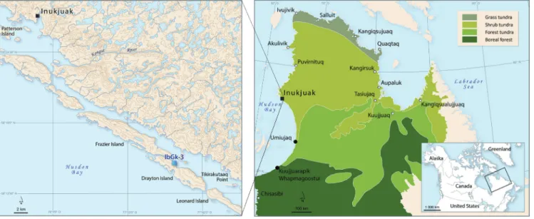 FIGURE 1.  Location of wood sampling sites and fieldwork sites in Umiujaq and Kuujjuarapik (black dots)  (Nunavik) and the IbGk-3 archaeological site on Drayton Island in Inukjuak (black square and map on the left).