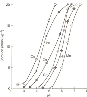 Figure 1.4 : Effet du pH sur l’adsorption des métaux par la goethite. L’adsorption augmente de 0 % à  100 % dans une étroite fenêtre de 1 ou 2 unités de pH (Violante et al., 2008)