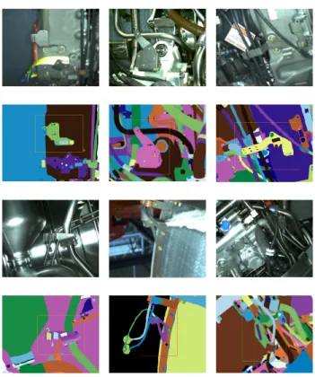 Figure 14: Some examples of our dataset used to evaluate our approach in a context of robotized inspection in  condi-tions of very cluttered environment: (1 st and 3 rd rows) real images, (2 nd and 4 th rows) corresponding renders of CAD models
