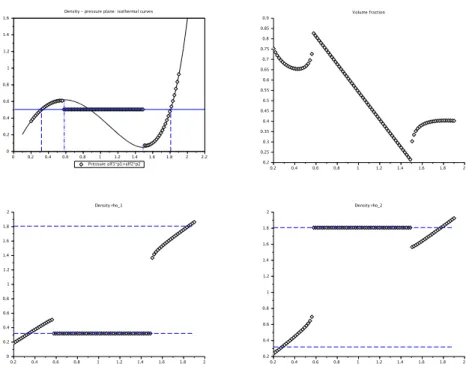 Figure 7. Numerical illustration of a perturbation of ρ(0) in the whole domain. The mixture pressure α 1 (T f )p(ρ 1 (T f )) + α 2 (T f )p(ρ 2 (T f )) coincides with the admissible branches of the  re-duced van der Waals pressure in the pure liquid/vapor s