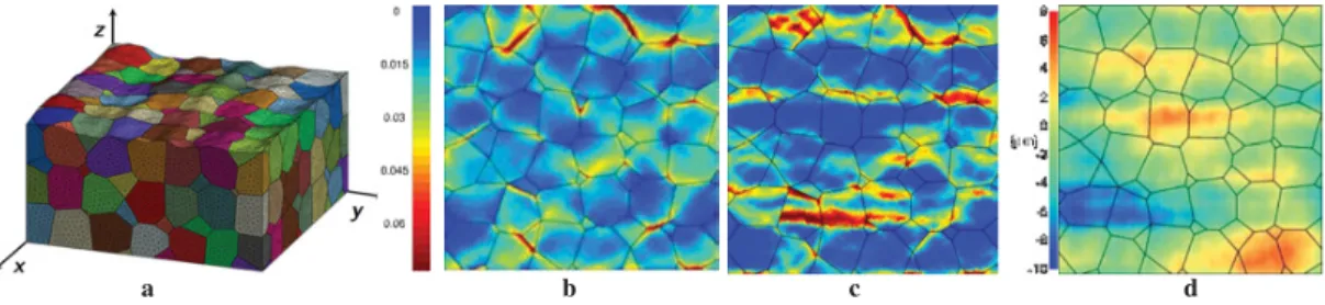 Figure 1. (a) Rough mesh. Plastic strain map for (b) flat case and (c) rough case. (d) Roughness map.