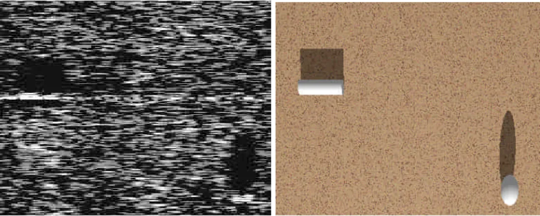 figure 2: image sonar haute résolution d’une mine cylindrique et d’une mine sphérique et image vidéo de synthèse de la même scène.