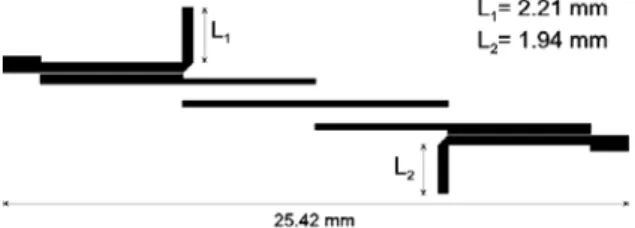 Figure 4: Filter layout with two suppressed  harmonics by different open-stubs. 