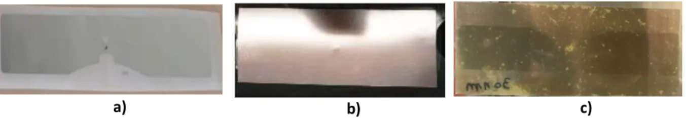 Fig. 5. (a) side of CTag containing the RFID tag and antenna; (b) second side before  exposure; (c) second side after exposure