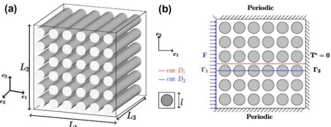 Fig. 10. The matrix/fiber composite medium and its periodic cell – (a) 3-D domain; (b) 2-D domain.