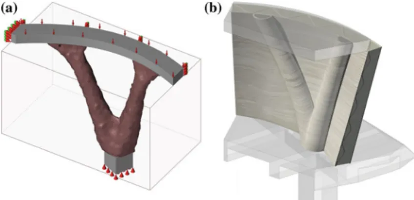 Fig. 4.1 An example of implementation of topology optimisation in the DEMOCRITE project: a Boundary conditions and results for the structural optimisation problem; b Rendering of the actual multifunctional wall including both the structural and thermal ins