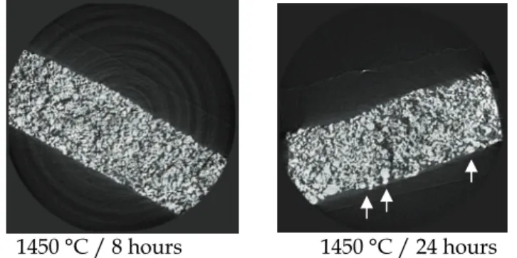 Fig. 11. Morphology of a PCFC anode (50 vol.% BCY10 + 50 vol.% NiO = white phase; dark areas  are  porosity);  2D  surfaces  taken  from  3D  microtomography  (ESRF,  Grenoble,  France)  corresponding  to  interrupted  sintering  tests;  initial  anode  th