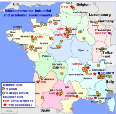 Fig. 5.  French academic and industrial activities in microelectronics. The 12  CNFM common  centers (red labels) manage platforms for practice training