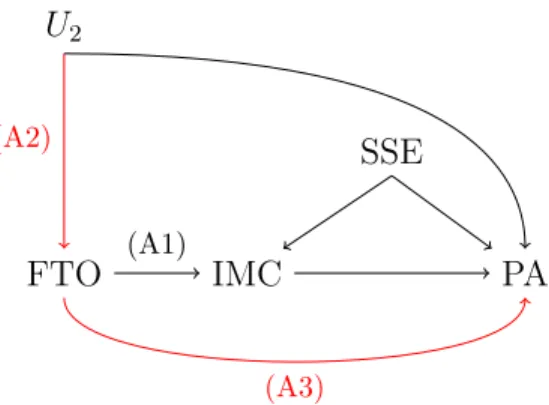 Figure 2.5. DAG représentant les suppositions de la validité d’instruments en randomisation mendélienne pour le mécanisme IMC cause PA