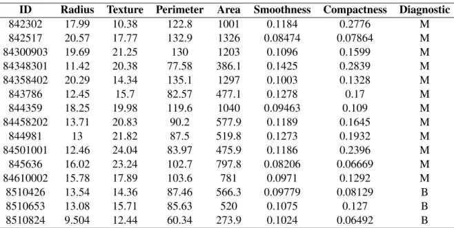 Table 3.2: A subset of the relational dataset: Wisconsin Diagnostic Breast Cancer (WDBC)