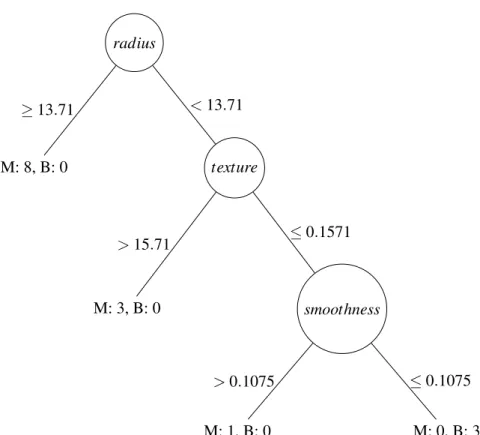 Figure 3.1: A decision tree classifying the examples of dataset in Table 3.2. Each node of the tree is an attribute used to split the dataset